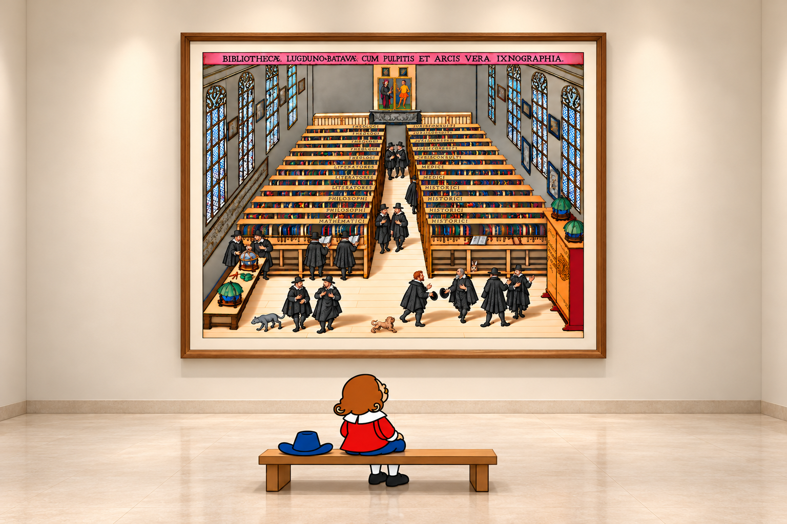 Coco, seated on a gallery bench with a blue hat beside him, admiring a framed illustration of a historic library.