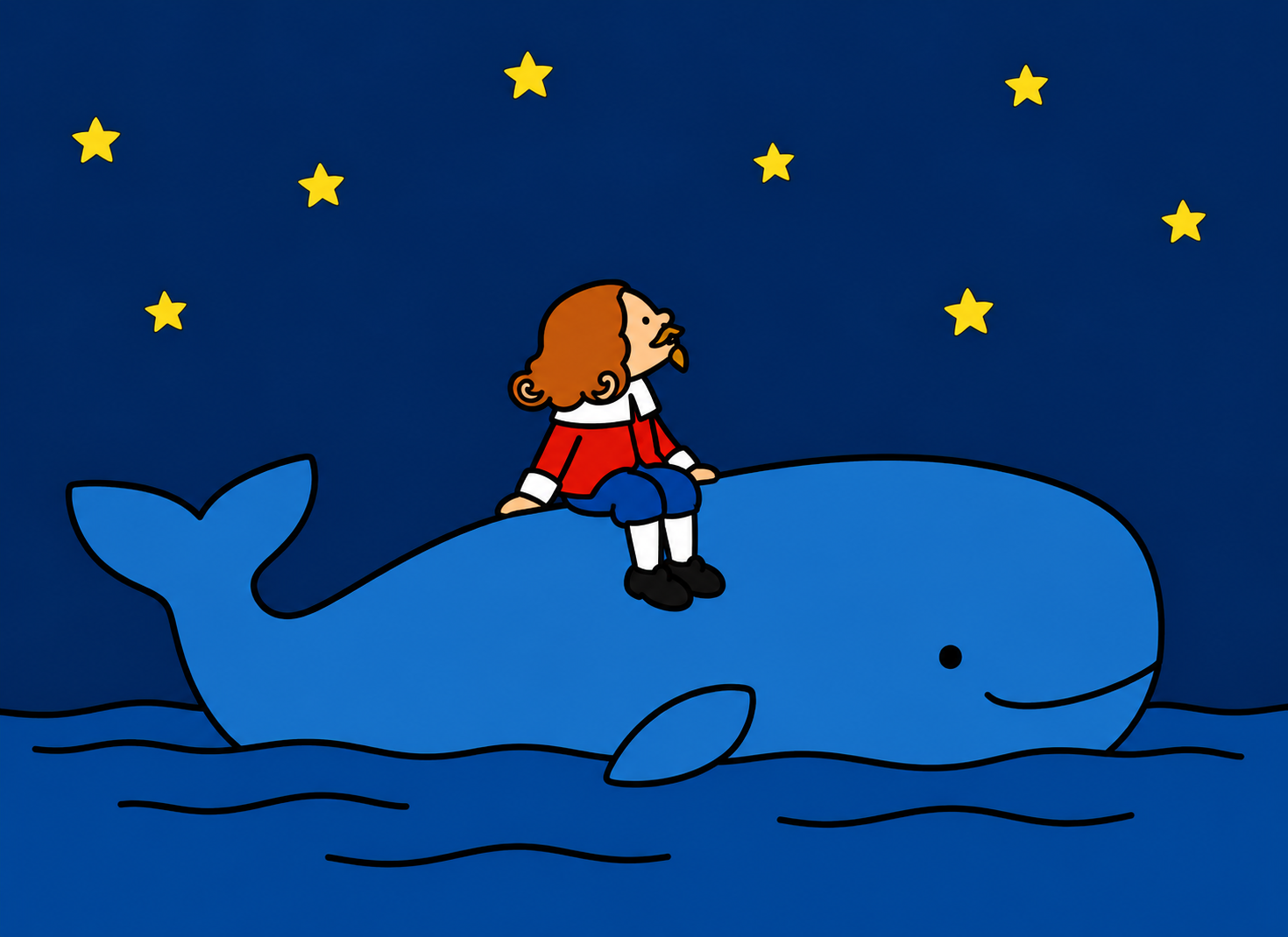 Coco sits on the back of a blue whale, looking up at yellow stars above the sea.