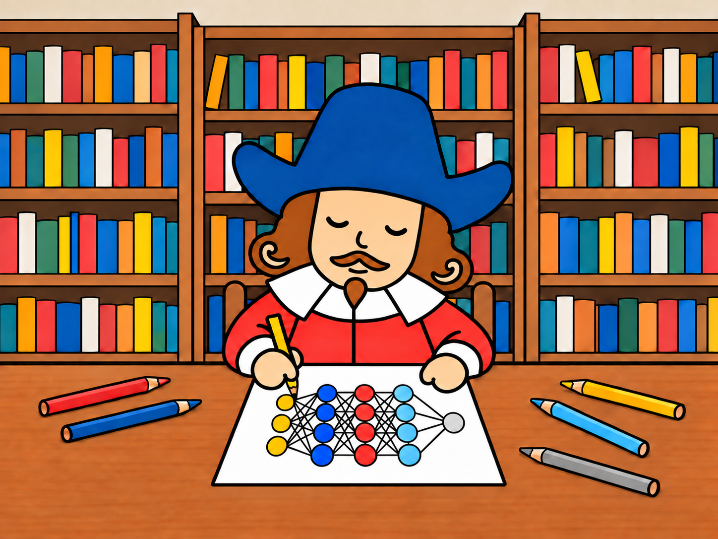 Coco at his desk, drawing a neural network with colored pencils in front of bookshelves.