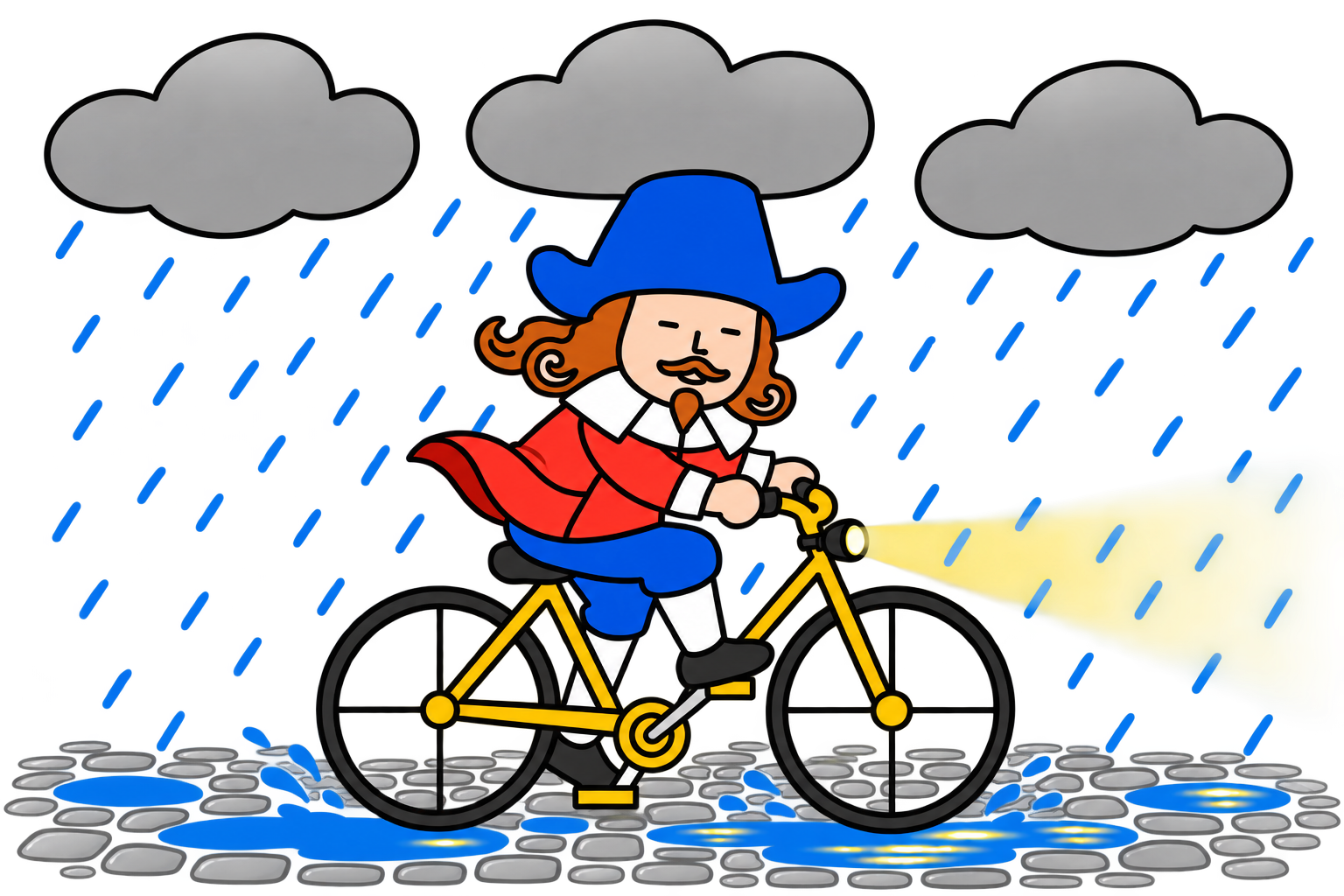 Coco rides a yellow bicycle through wind and rain, its headlight illuminating wet cobblestones and puddles.