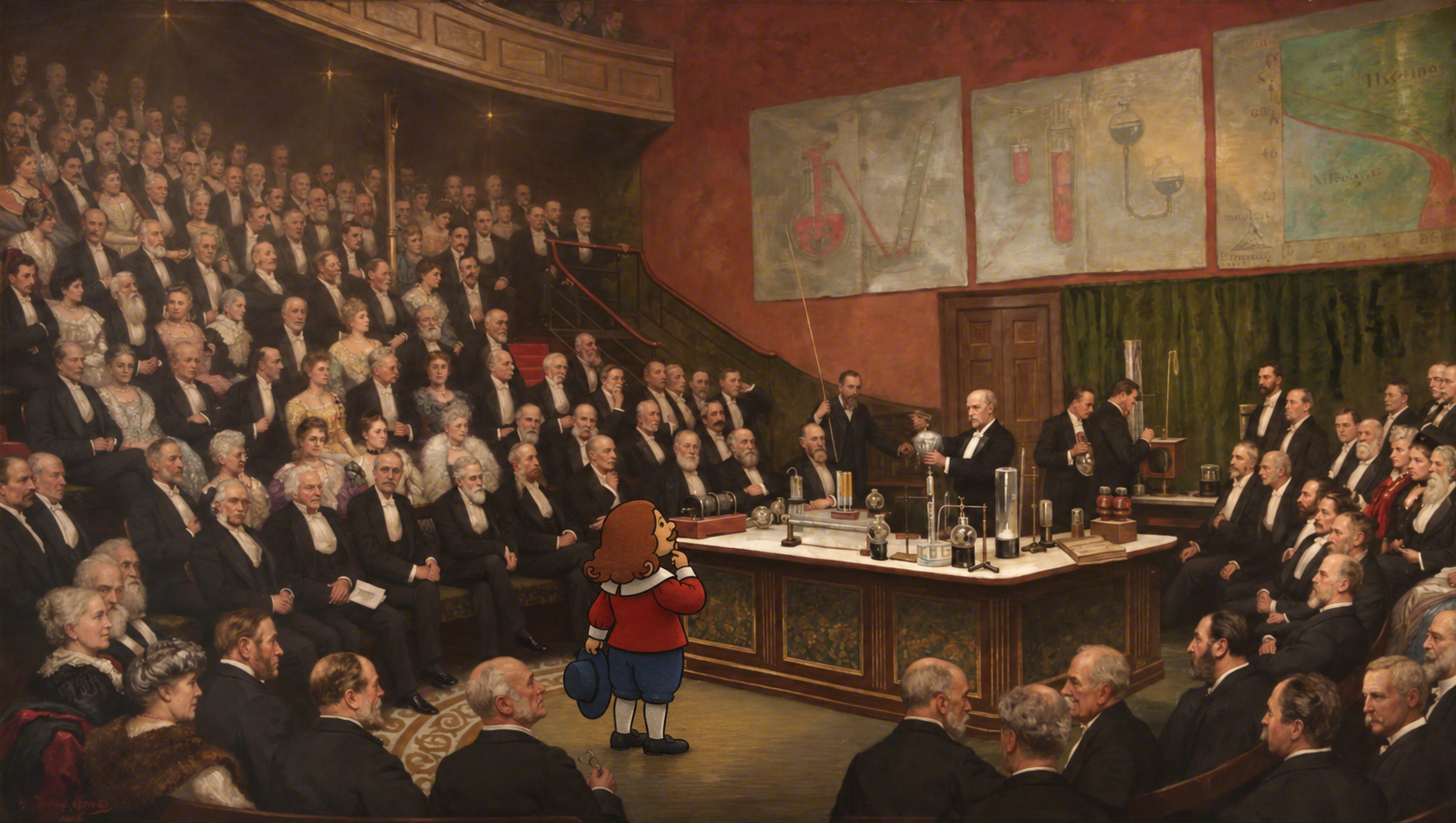 Coco stands near a demonstration table during a thermodynamics lecture in a crowded historic lecture hall.