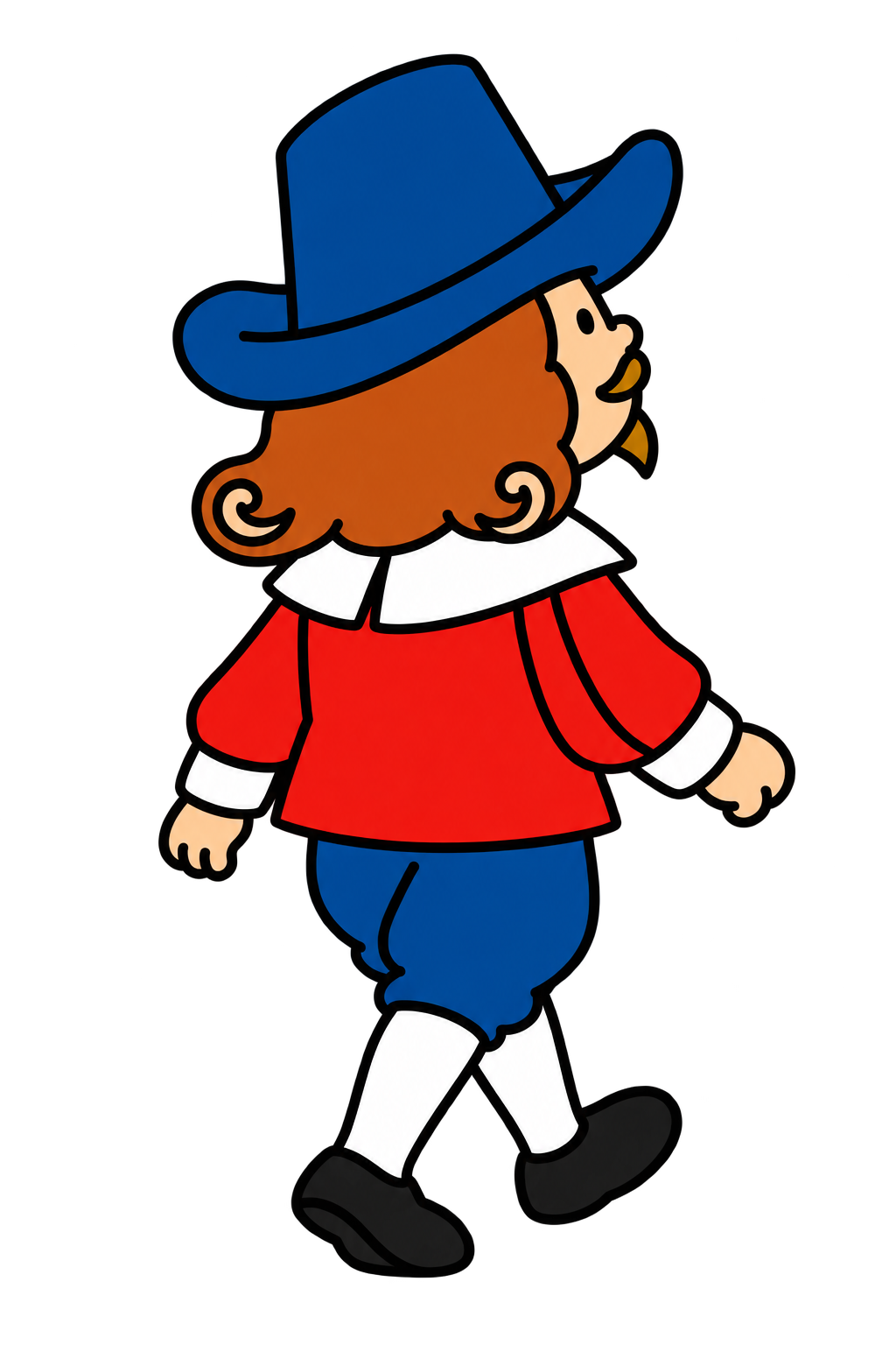 Coco, wearing a blue hat and red coat, walks to the right.