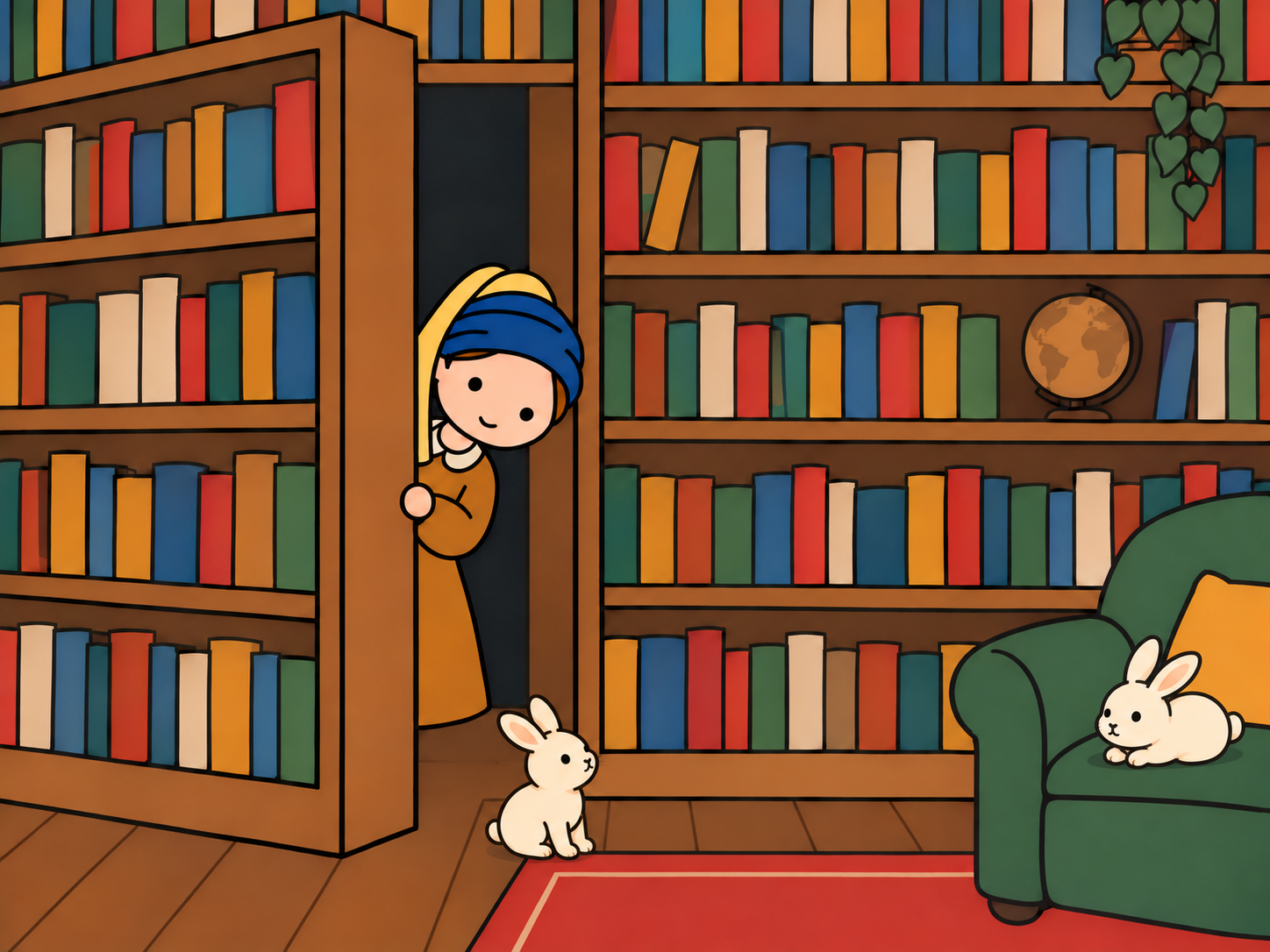 A girl peeks through a door concealed in a bookcase into a reading room with two white rabbits, one on the floor and one on a green armchair.