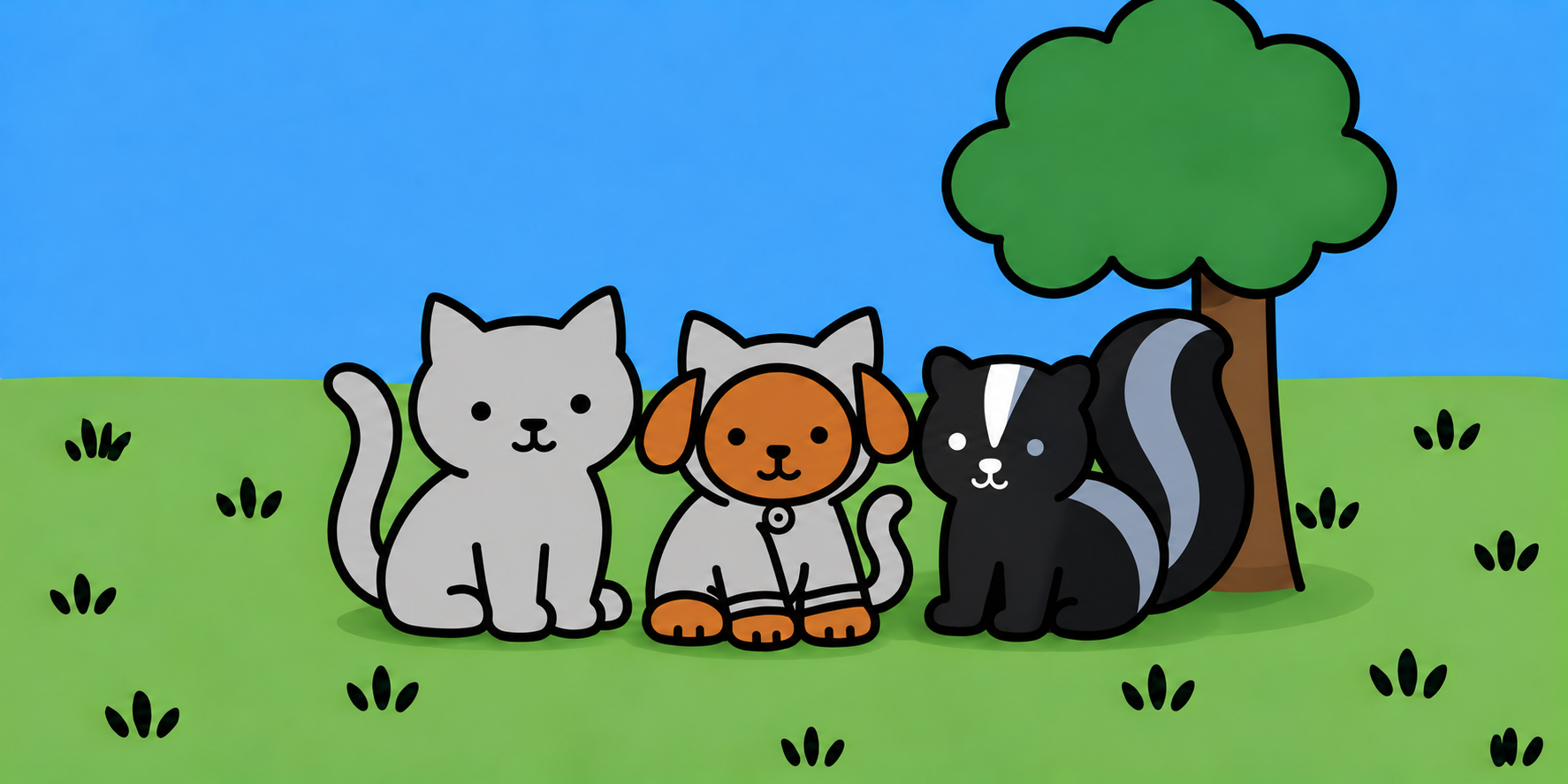 A grey cat, a puppy in a cat costume, and a skunk in the shade of a tree, sitting together in a meadow.