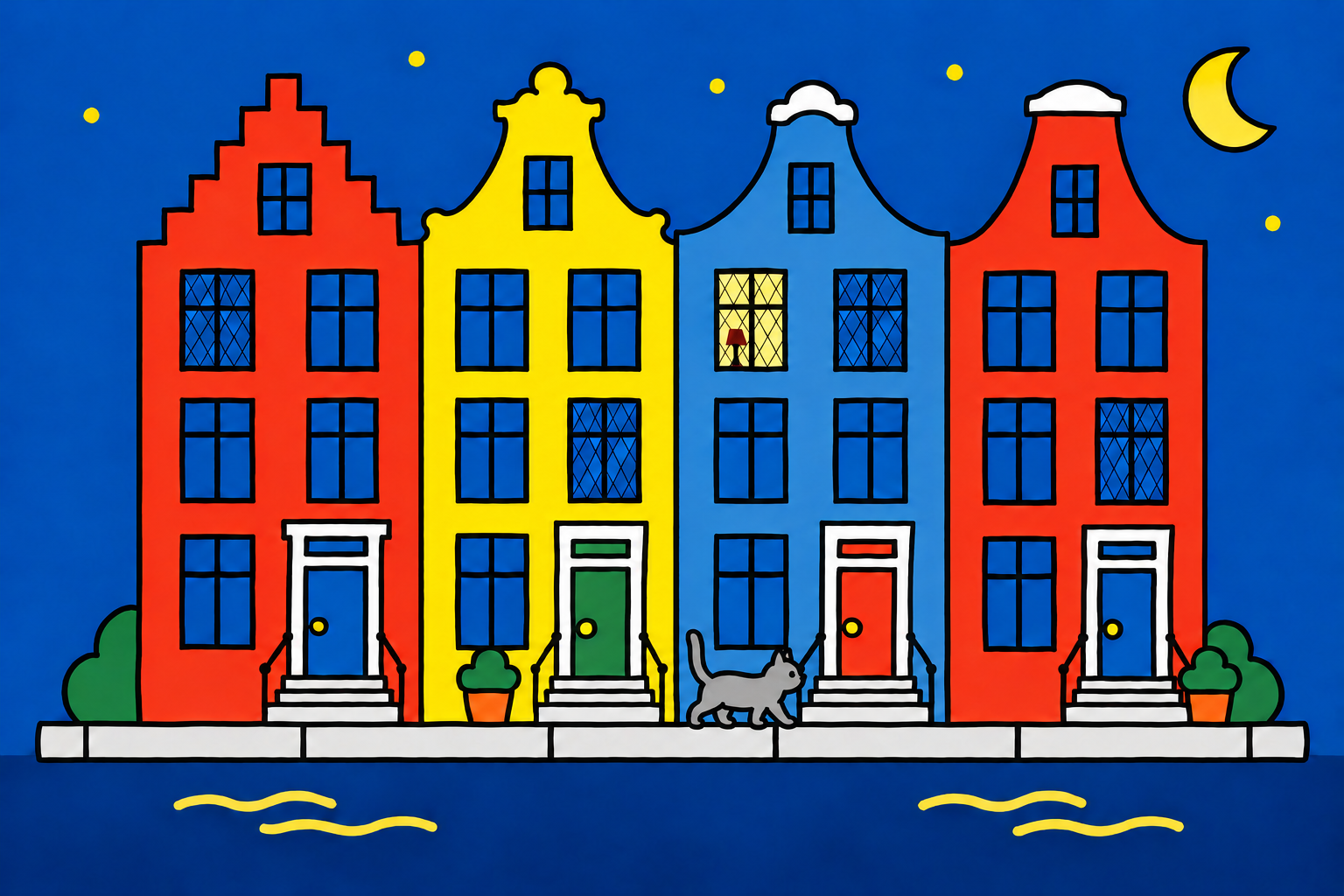 A grey cat walks past colorful Dutch canal houses beneath a crescent moon; a lamp glows in one upstairs window.