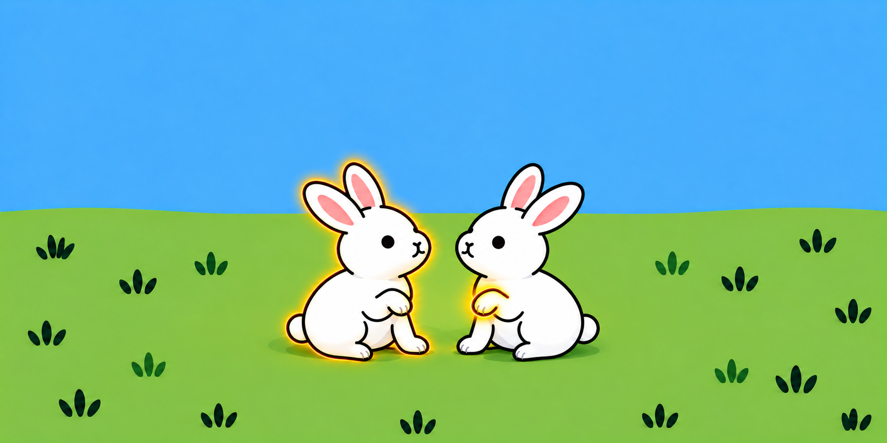 Two white rabbits in a meadow; a golden outline highlights one whole rabbit and a paw of the other.